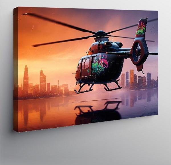 Kanvas Tablo Gece Şehirde Helikopter Uçuşu 100cmx140cm - Image 1