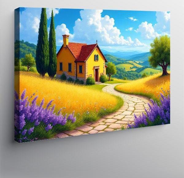 Kanvas Tablo Lavanta Tarlası Ve Ev Manzarası 100cmx140cm - Image 1