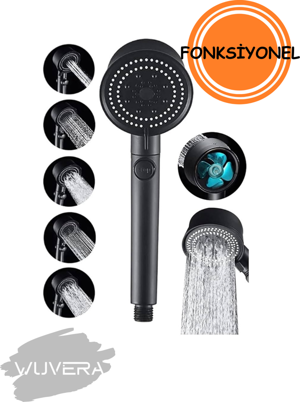 WUVERA Mat Siyah Turbo Pervaneli Banyo Duş Başlığı 5 Fonksiyonlu Başlık - Image 1