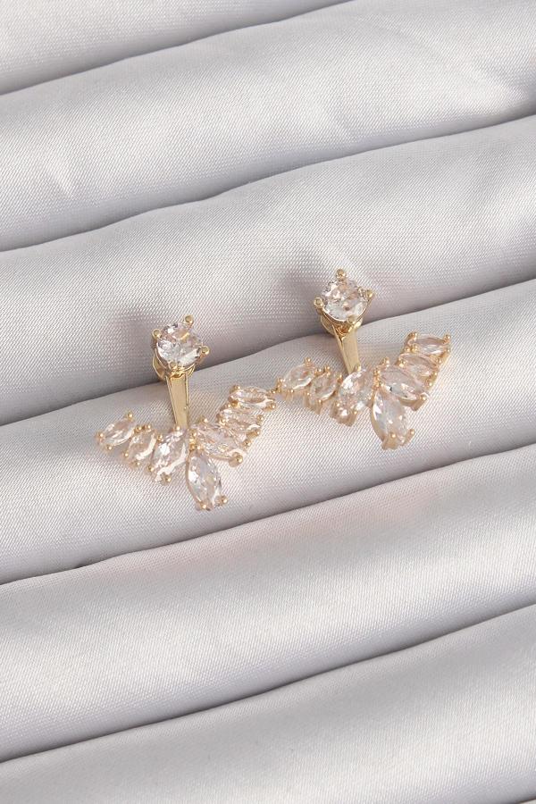 Pirinç Gold Renk Zirkon Taşlı V Model Küpe - TJ-BKP9291 - Image 1