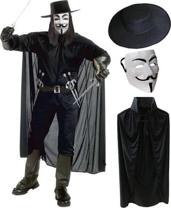 V For Vendetta Maskesi Şapkası ve Pelerin Kostüm Seti Yetişkin Boy - Image 1