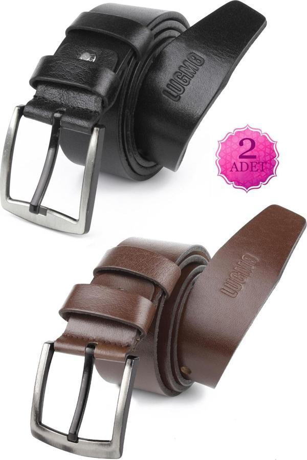 2 Adet Hakiki Deri Erkek Kemer Eko 4,5 cm Kot Siyah-Kahverengi - Image 1