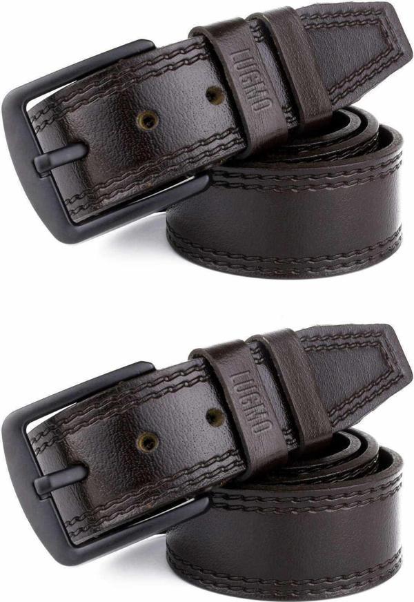 2 Adet Hakiki Deri Erkek Kemer 4,5 cm Dikiş Desenli Kahverengi - Image 1