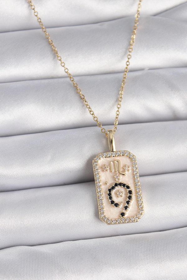 316L Çelik Gold Renk Zincir Akrep Burcu Zirkon Taşlı Kadın Kolye - TJ-BKO9465 - Image 1