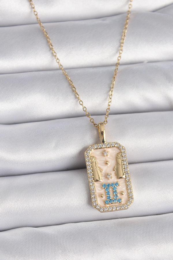 316L Çelik Gold Renk Zincir İkizler Burcu Zirkon Taşlı Kadın Kolye - TJ-BKO9468 - Image 1