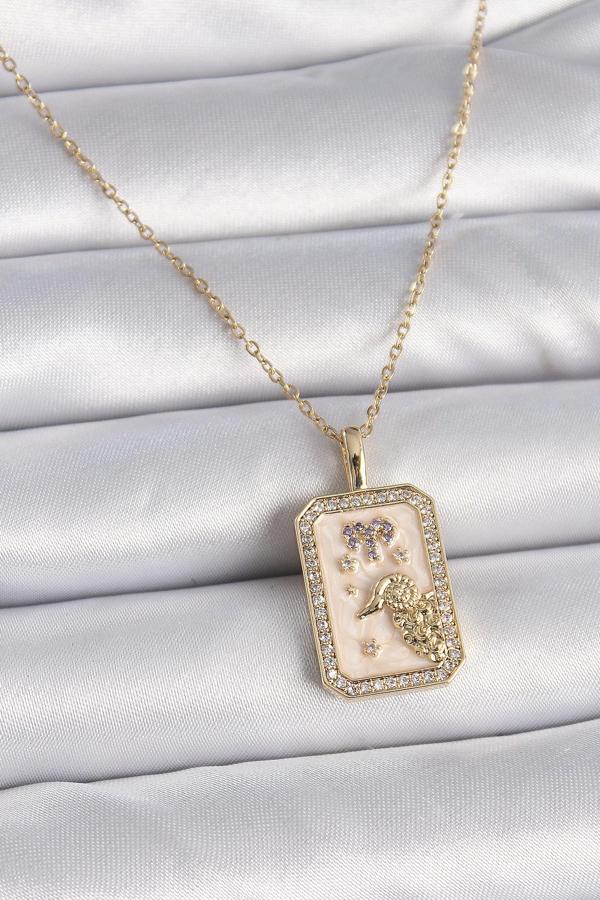 316L Çelik Gold Renk Zincir Koç Burcu Zirkon Taşlı Kadın Kolye - TJ-BKO9462 - Image 1