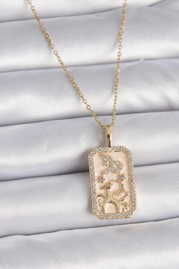 316L Çelik Gold Renk Zincir Oğlak Burcu Zirkon Taşlı Kadın Kolye - TJ-BKO9459 - Image 1