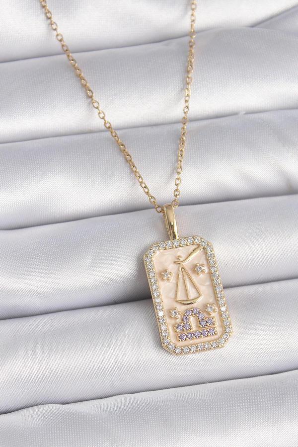 316L Çelik Gold Renk Zincir Terazi Burcu Zirkon Taşlı Kadın Kolye - TJ-BKO9469 - Image 1