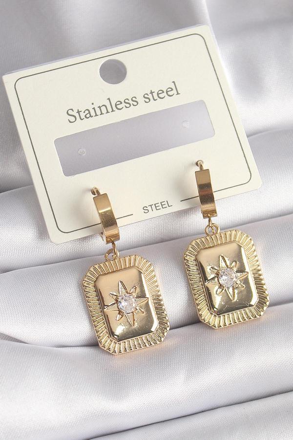 316L Çelik Gold Renk Zirkon Taşlı Yıldız İşlemeli Kadın Küpe - TJ-BKP9708 - Image 1