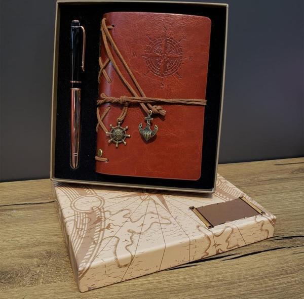 Deri Pusula Tasarımlı Defter Ve Metal Kalem Seti - Image 1