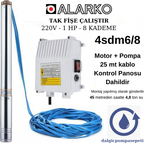Alarko 4SDM6/8 Dalgıç Pompa Set Halinde - 25 mt Kablolu - Panolu - Monofaze (220V) - Image 1