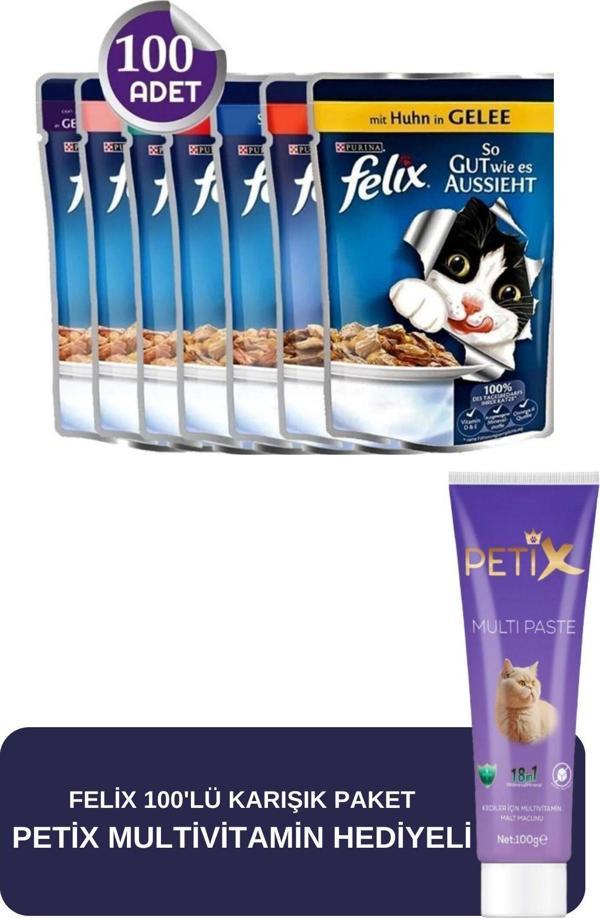 Petix 100'lü Karışık Paket Pouch Konserve Kedi Maması ( Petix Kedi Multivitamin Hediyeli ) - Image 1