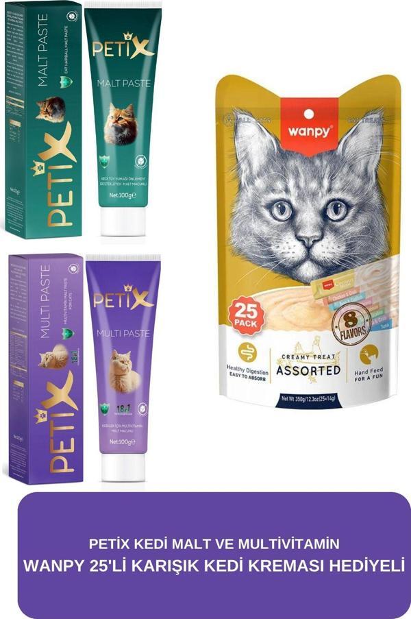 Petix Kedi Malt Ve Multivitamin 100Gr 2'Li Set Wanpy 25 Li Karışık Krema Hediyeli - Image 1