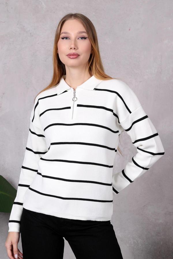 Kadın Polo Yaka Oversize Çizgili Fermuarlı Triko Kazak Ekru - Image 1
