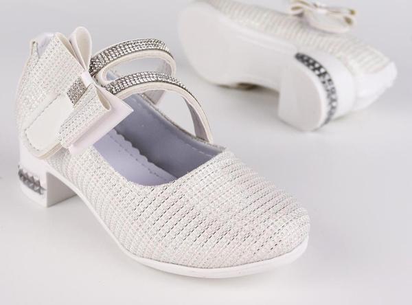 Kız Çocuk Ayakkabı Papyonlu Babet Taşlı Simli Beyaz - Image 1