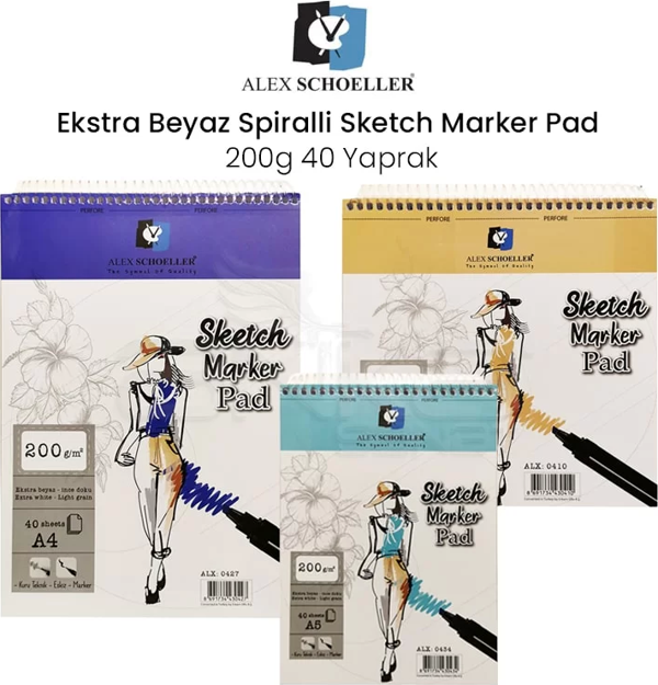 Alex Schoeller Ekstra Beyaz Spiralli Sketch Marker Pad 200g 40 Yaprak - Image 1