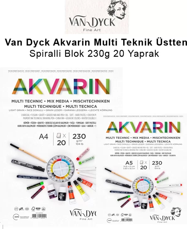 Van Dyck Akvarin Multi Teknik Üstten Spiralli Blok 230g 20 Yaprak - Image 1