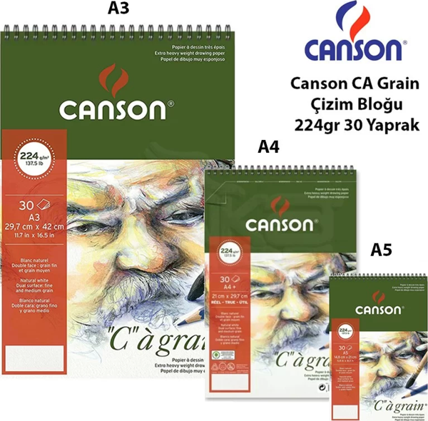 Canson CA Grain Çizim Bloğu 224g 30 Yaprak Spiralli - Image 1