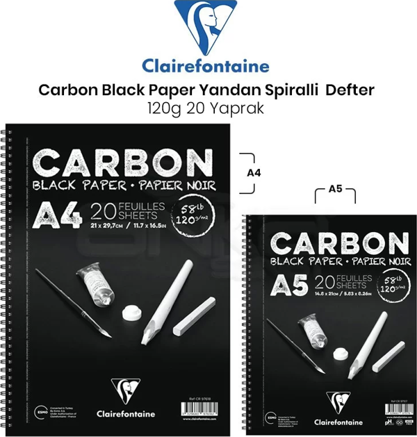 Clairefontaine Carbon Black Paper Yandan Spiralli 120g 20 Yaprak - Image 1