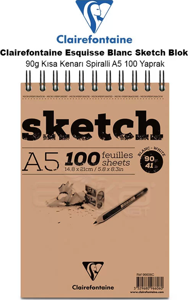 Clairefontaine Esquisse Blanc Sketch Blok 90g Kısa Kenarı Spiralli A5 100 Yaprak - Image 1