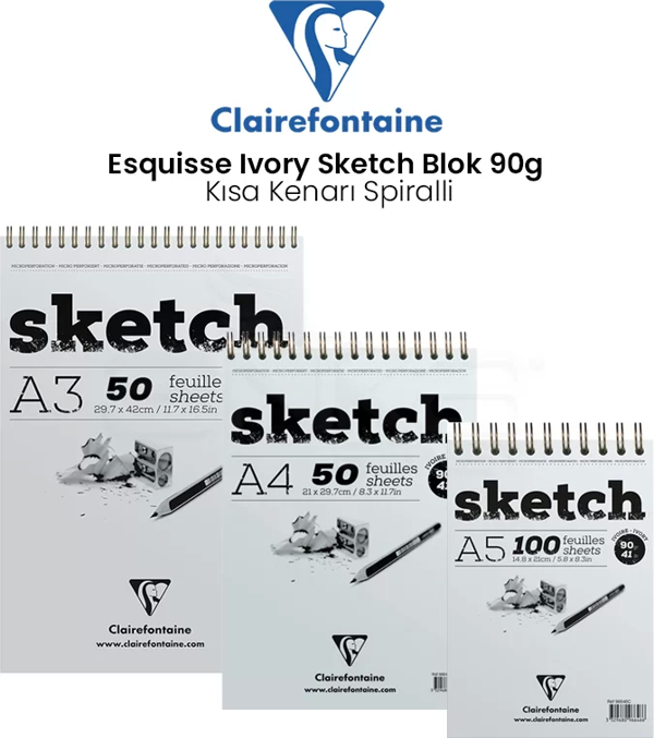 Clairefontaine Esquisse Ivory Sketch Blok 90g Kısa Kenarı Spiralli - Image 1