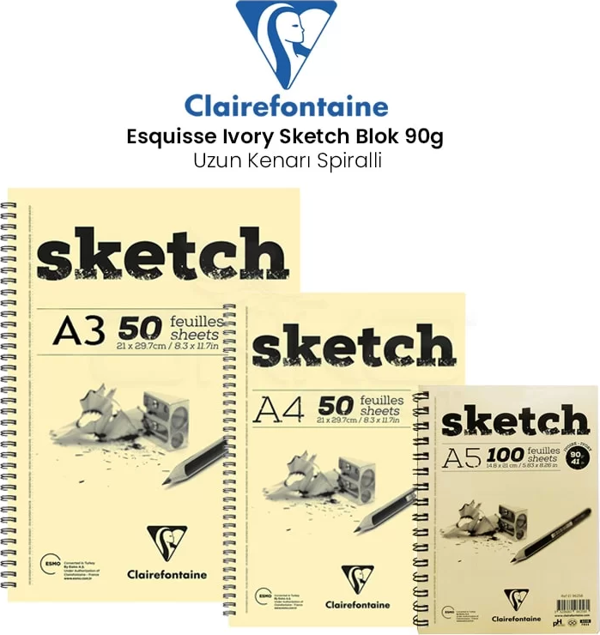 Clairefontaine Esquisse Ivory Sketch Blok 90g Uzun Kenarı Spiralli - Image 1