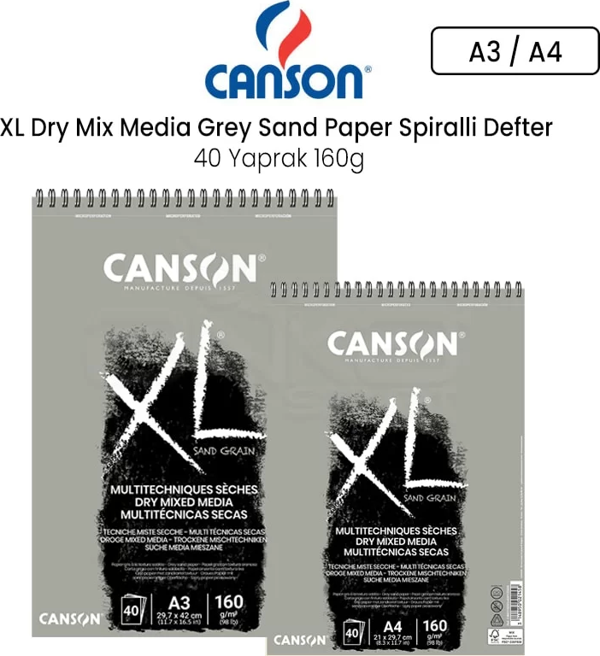 Canson XL Dry Mix Media Grey Sand Paper Spiralli Defter 40 Yaprak 160g - Image 1