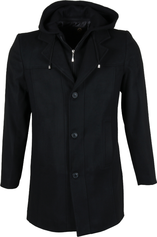 Erkek Kapşonlu Normal Kesim Siyah Kaşe Kaban RAR01268 - Image 1