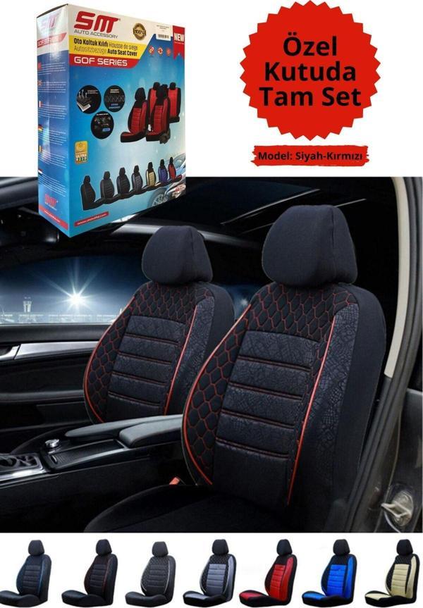 SMRAUTOACCESSORY Gof Serisi Unıversal Oto Koltuk Kılıfı Siyah-Kırmızı Tam Set - Image 1