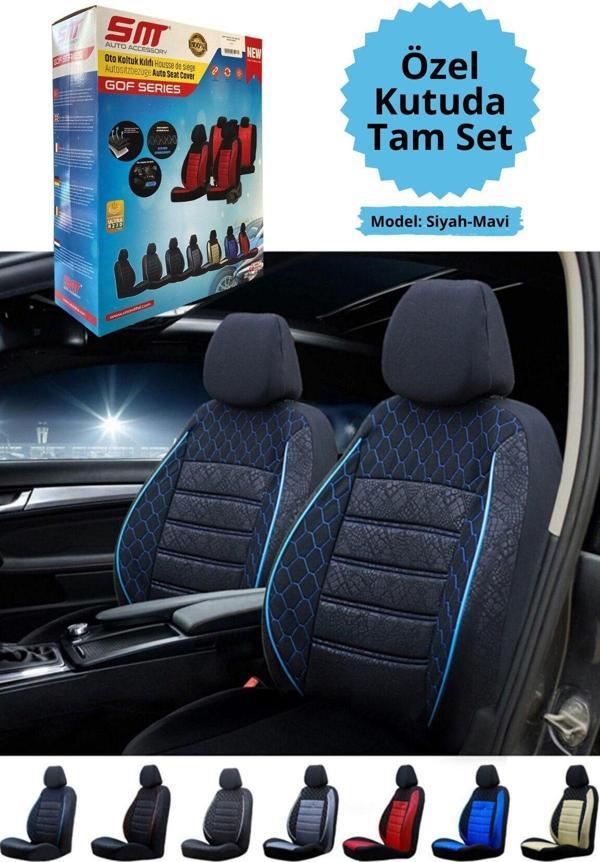 SMRAUTOACCESSORY Gof Serisi Unıversal Oto Koltuk Kılıfı Siyah-Mavi Tam Set - Image 1