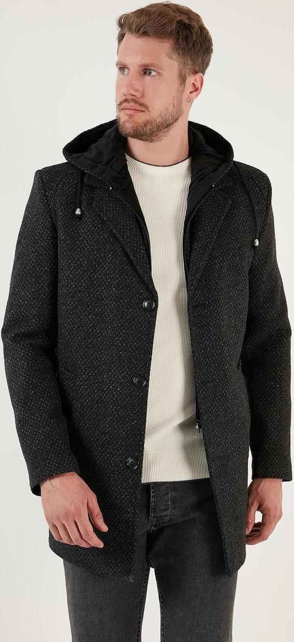 Buratti Çıkarılabilir Kapüşonlu Kırçıllı Slim Fit Kaşe Erkek Kaban 5841013 Antrasit Noktalı - Image 1
