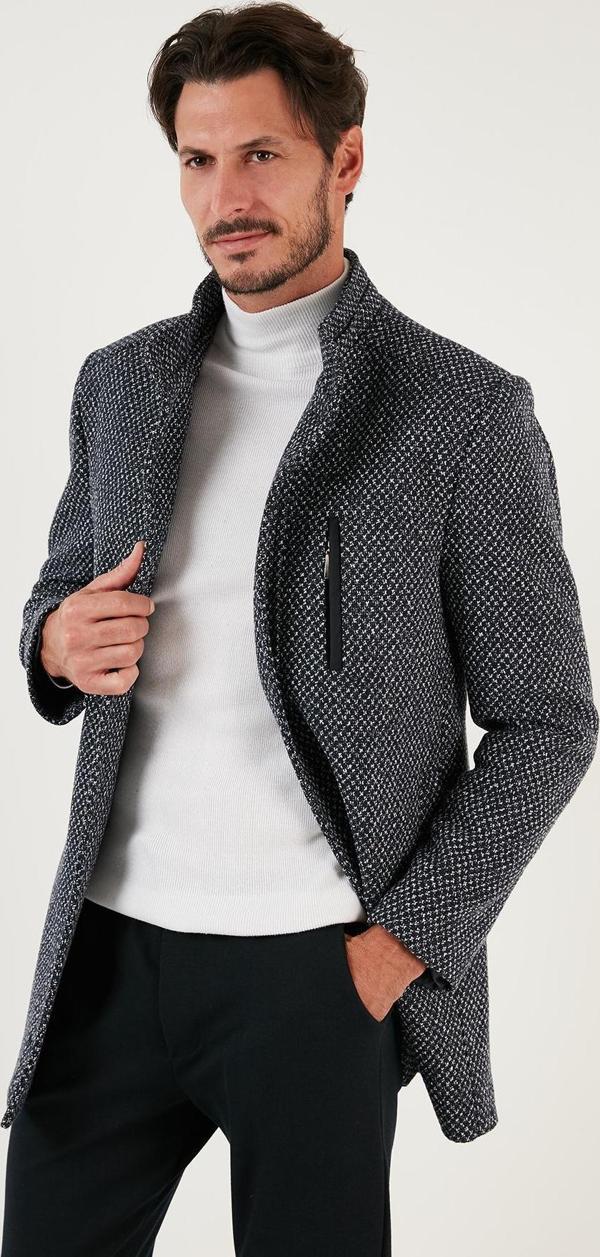 Buratti Düğmeli Dik Yaka Kırçıllı Slim Fit Kaşe Erkek Kaban 5841016 Lacivert Noktalı - Image 1