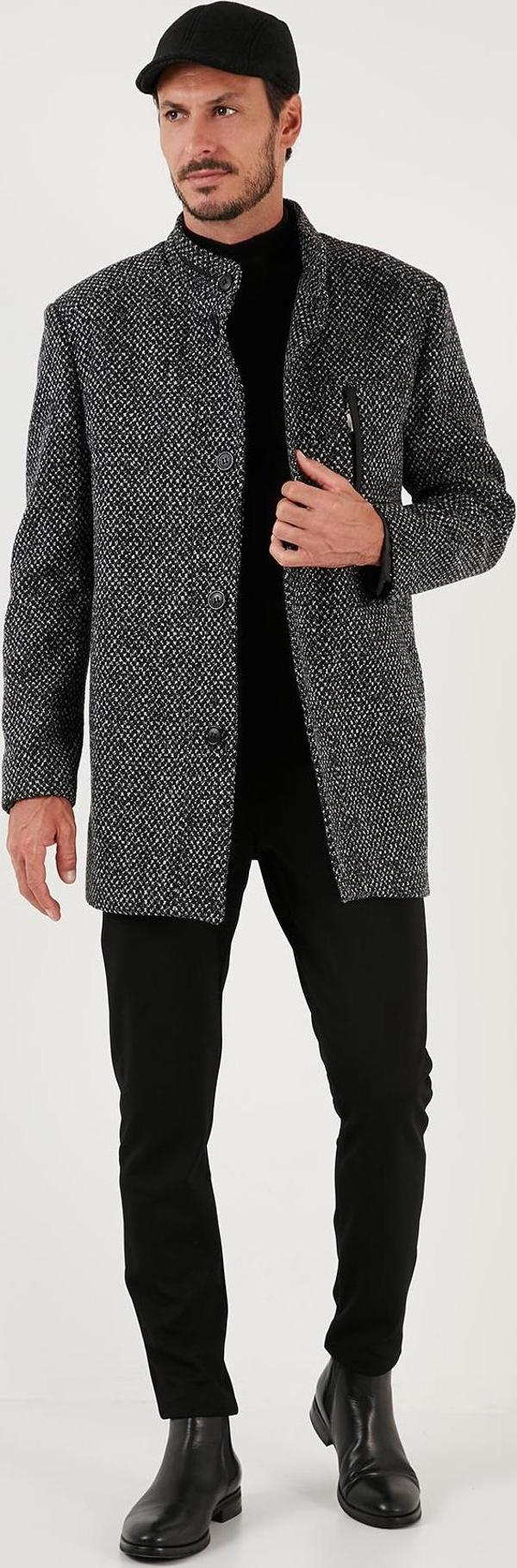 Buratti Düğmeli Dik Yaka Kırçıllı Slim Fit Kaşe Erkek Kaban 5841016 Siyah Noktalı - Image 1