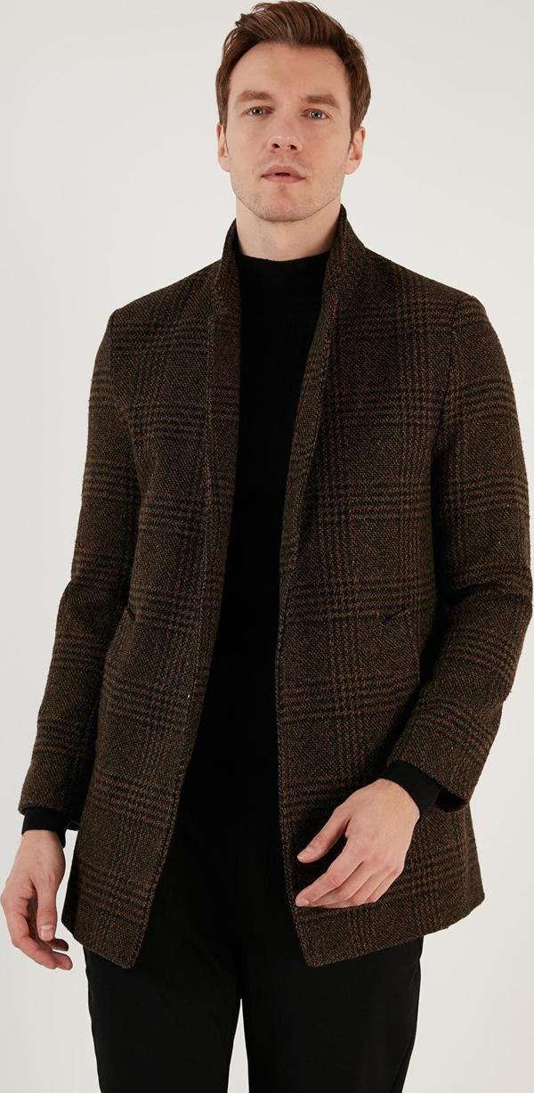 Buratti Slim Fit Tek Yırtmaçlı Düğmeli Astarlı Kaşe Erkek Kaban 5840110E Camel Ekoseli - Image 1
