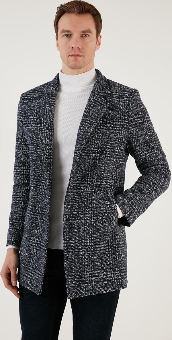 Buratti Slim Fit Tek Yırtmaçlı Düğmeli Astarlı Kaşe Erkek Kaban 5840110E Lacivert Ekoseli - Image 1