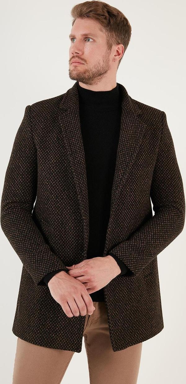 Buratti Slim Fit Tek Yırtmaçlı Düğmeli Dik Yaka Kaşe Erkek Kaban 5840110 Camel Noktalı - Image 1