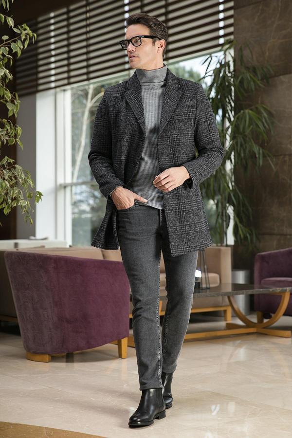 Buratti Slim Fit Tek Yırtmaçlı Düğmeli Mono Yaka Kaşe Erkek Kaban 5840098 Antrasit Ekoseli - Image 1