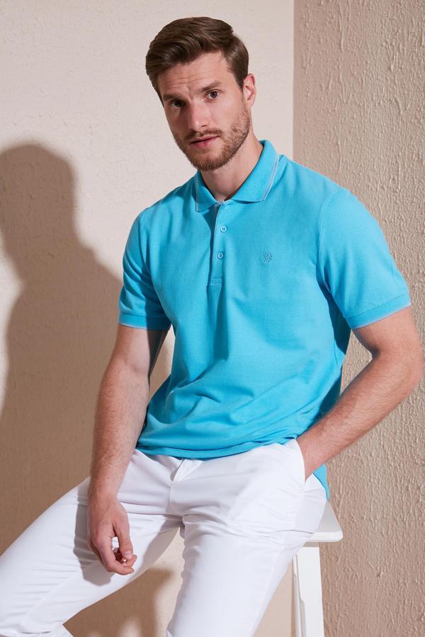 Buratti % 100 Pamuk Düğmeli Slim Fit Erkek Polo Yaka T Shirt 5902118 AQUA-MAVİ - Image 1