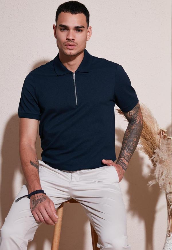 Buratti Pamuklu Regular Fit Fermuarlı Erkek Polo Yaka T Shirt 5902915 İNDİGO - Image 1