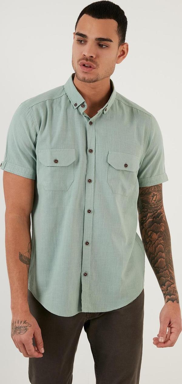 Buratti Düğmeli Yaka % 100 Pamuk Slim Fit Cepli Erkek Gömlek CF21S111153 ELMA YEŞİLİ - Image 1