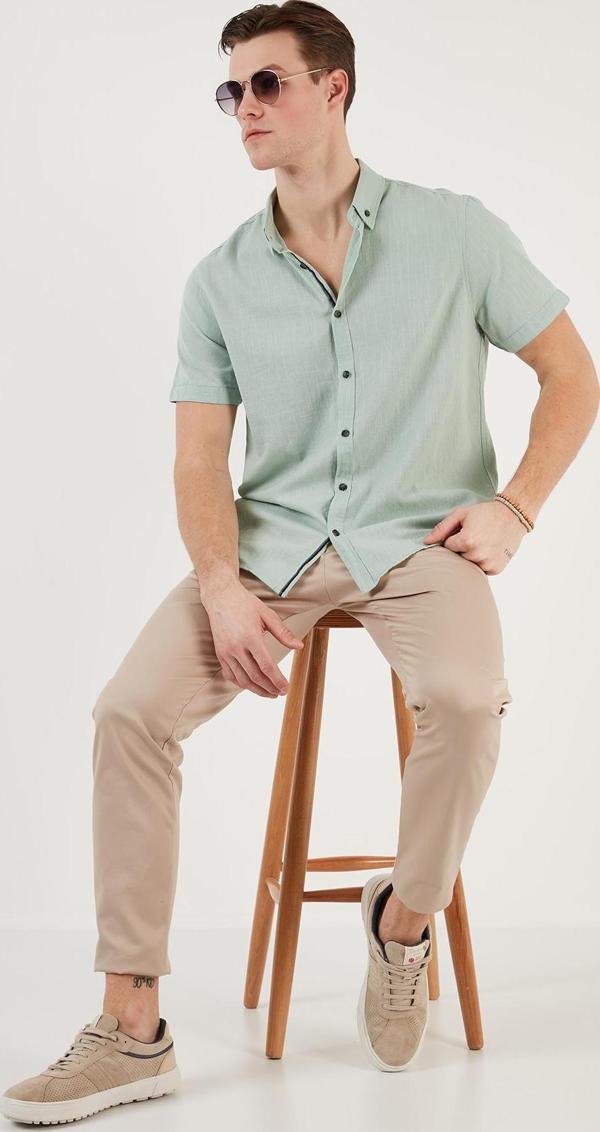 Buratti Pamuklu Slim Fit Düğmeli Yaka Kısa Kollu Erkek Gömlek CF21S112546 ELMA YEŞİLİ - Image 1