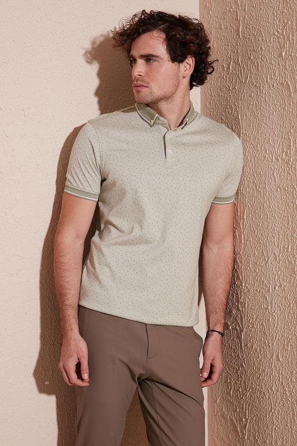 Buratti Pamuk Karışımlı Desenli Slim Fit Erkek Polo Yaka T Shirt 646B3200 ELMA YEŞİLİ - Image 1