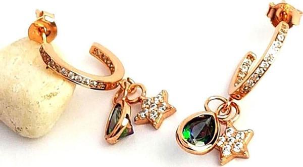 Mistik topaz ve zirkon taşlı gümüş üzerine altın kaplama yıldızlı küpe  - Image 1