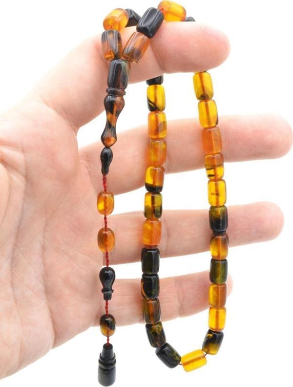 Abdullah Darabacı Yapımı Simli Siyah Sarı Sıkma Kehribar Tesbih - Image 1