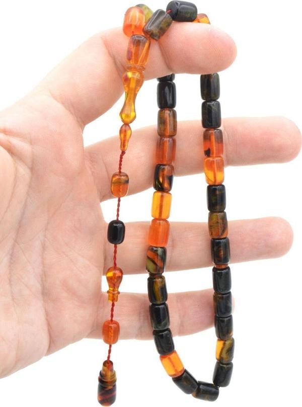 Abdullah Darabacı Yapımı Simli Siyah Turuncu Sıkma Kehribar Tesbih - Image 1