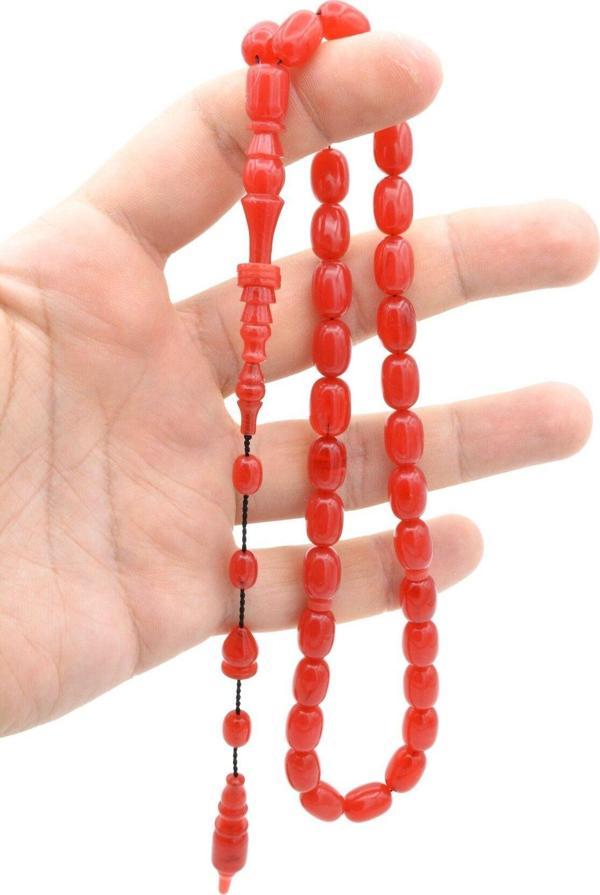 Usta İşi Halkalı İmameli İri Boy Kırmızı Sıkma Kehribar Tesbih - Image 1