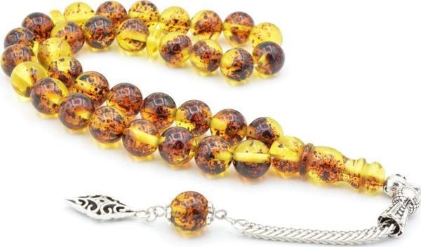 Damla Kehribar Benzeri İri Boy Küre Kesim Fosilli Toz Kehribar Tesbih - Image 1