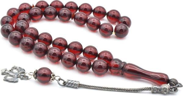 Gümüş Kamçılı Küre Kesim Koyu Kırmızı Sıkma Kehribar Tesbih - Image 1