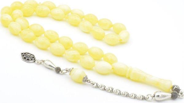 Gümüş Kaplama Kamçılı Beyzi Kesim İri Boy Beyrut Damla Kehribar Tesbih - Image 1