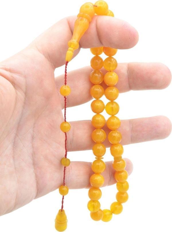 İsmail Karasapan İmzalı Küre Kesim Hareli Sarı Sıkma Kehribar Tesbih - Image 1